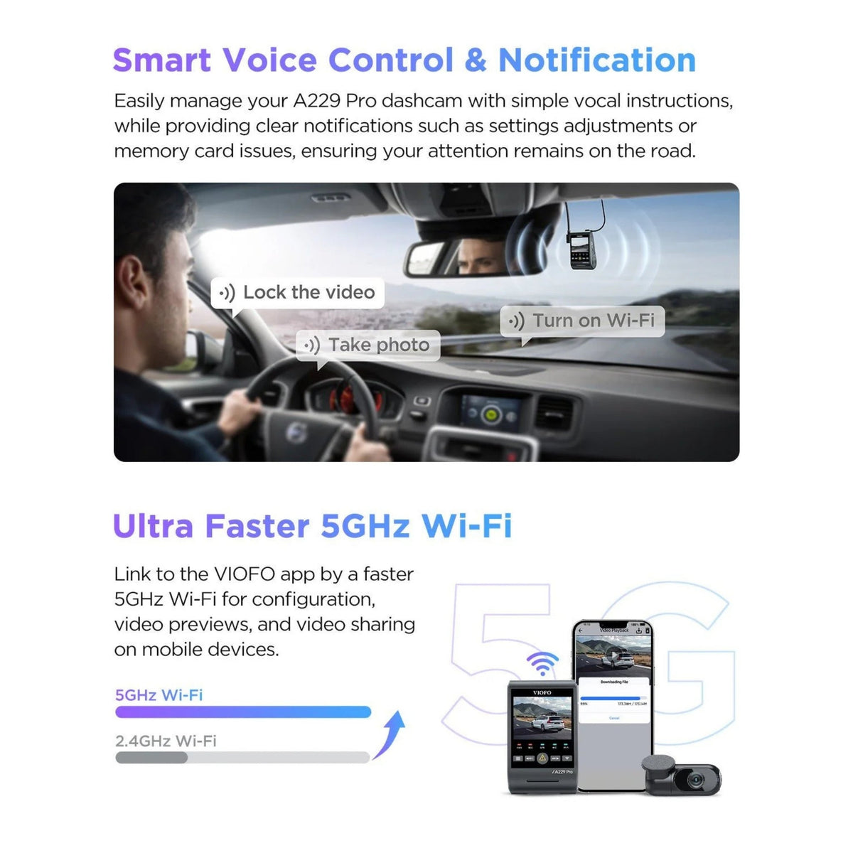 Driver using VIOFO A229 Pro voice control, with 5GHz Wi-Fi app transfer below