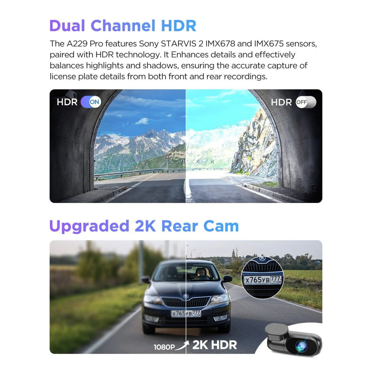 VIOFO A229 Pro HDR on and off comparison with a 2K rear camera sample