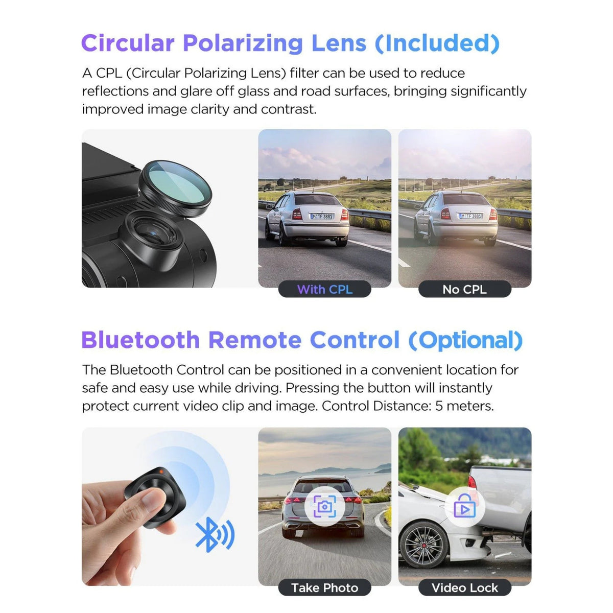 Included CPL filter glare comparison and optional VIOFO Bluetooth remote control