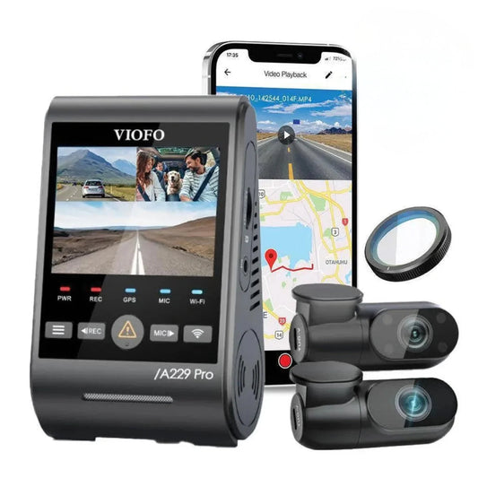 VIOFO A229 Pro front dash cam with rear and cabin cameras, CPL filter and app on a phone