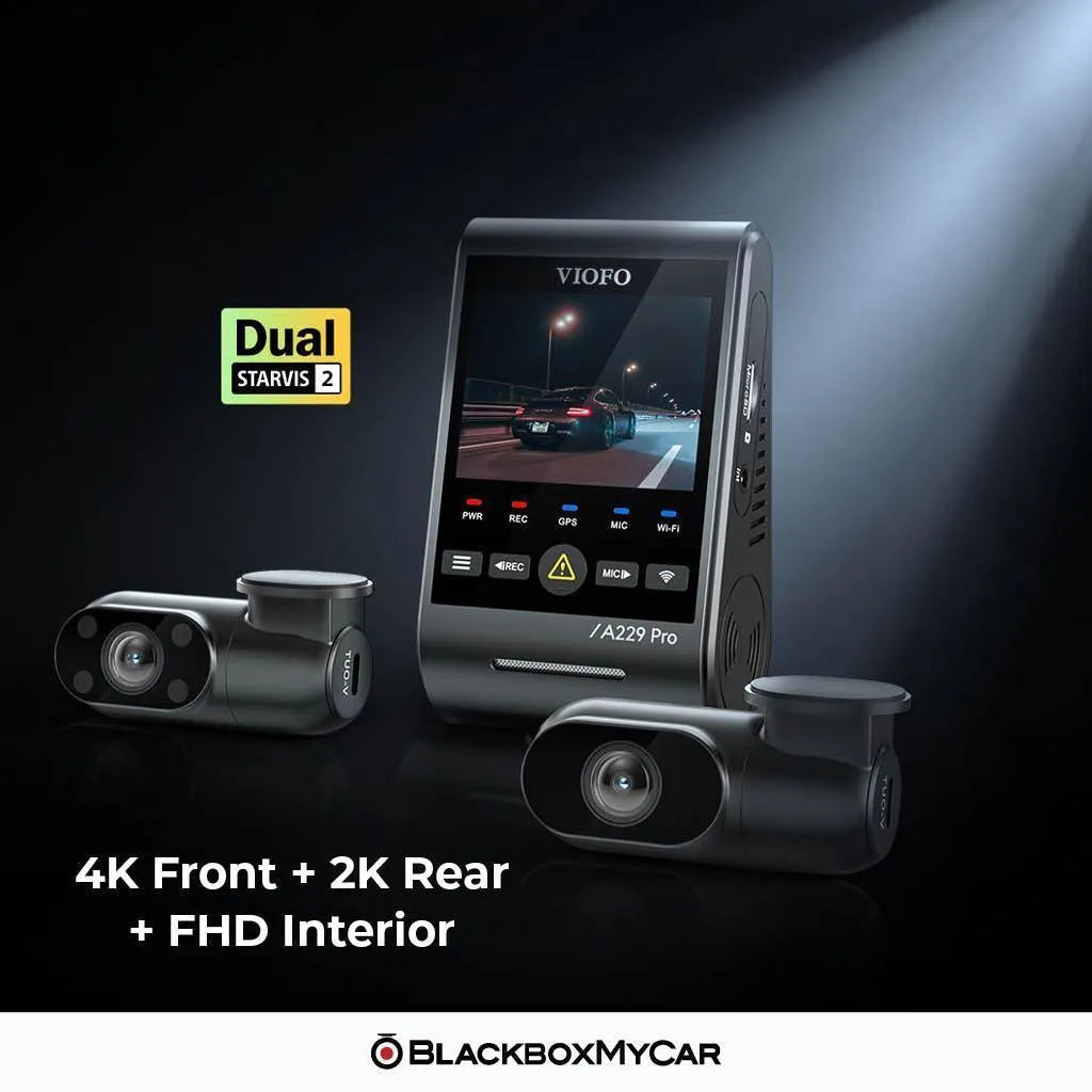VIOFO A229 Pro 3CH front, rear and infrared cabin cameras on a dark background
