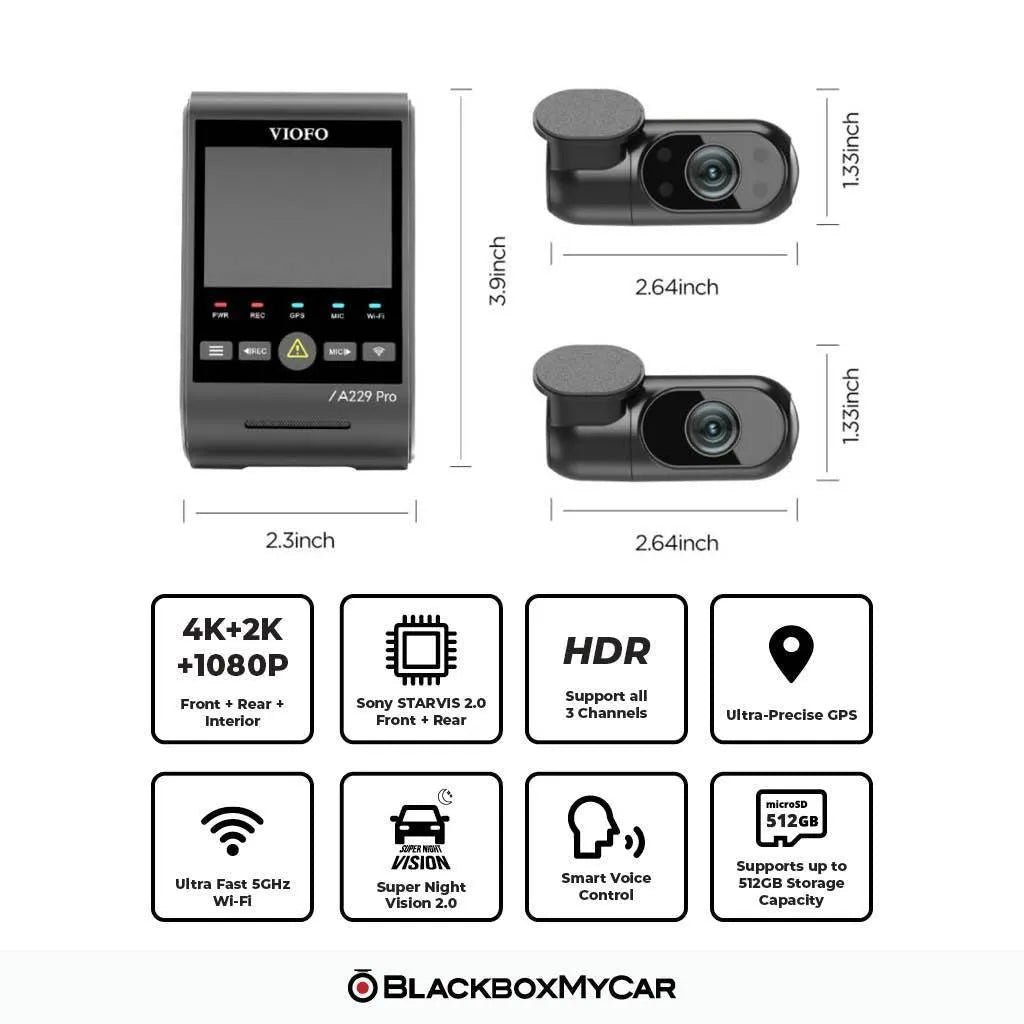 VIOFO A229 Pro 3CH camera dimensions with feature icons for HDR, GPS, Wi-Fi and voice control