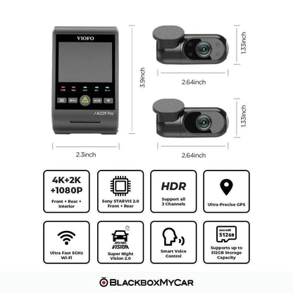 VIOFO A229 Pro 3CH camera dimensions with feature icons for HDR, GPS, Wi-Fi and voice control
