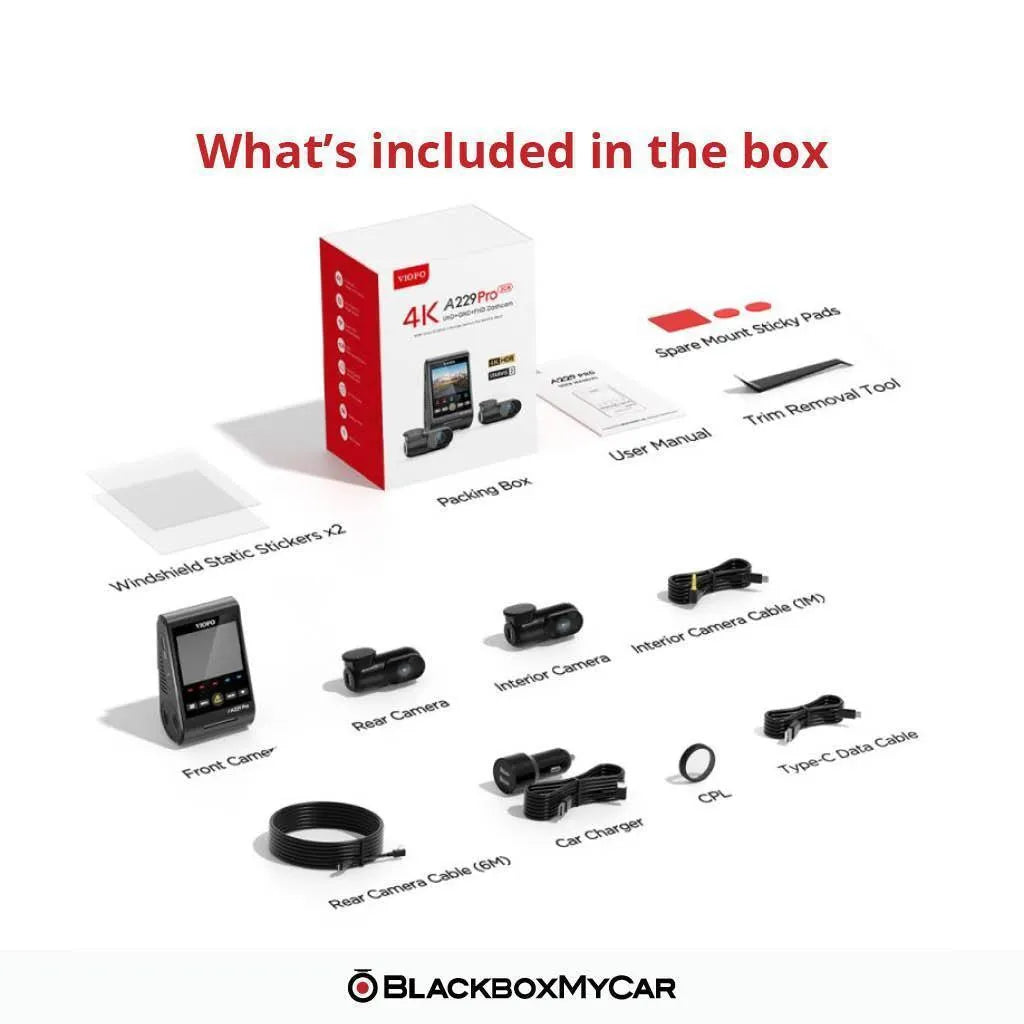 VIOFO A229 Pro 3CH box contents: three cameras, cables, car charger, CPL filter and mounting stickers