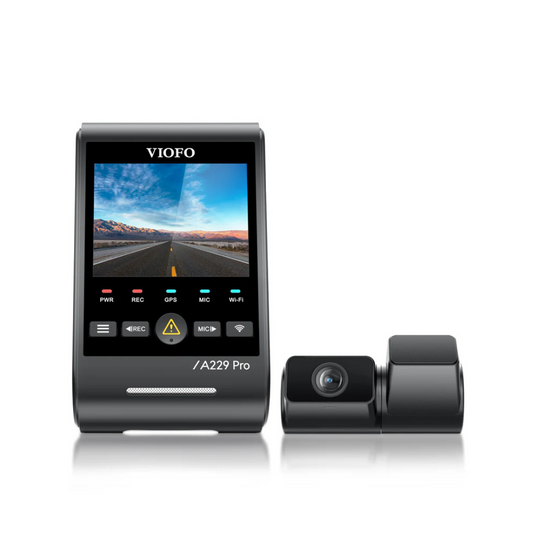 VIOFO A229 Pro dashboard camera with screen displaying a road scene on a white background