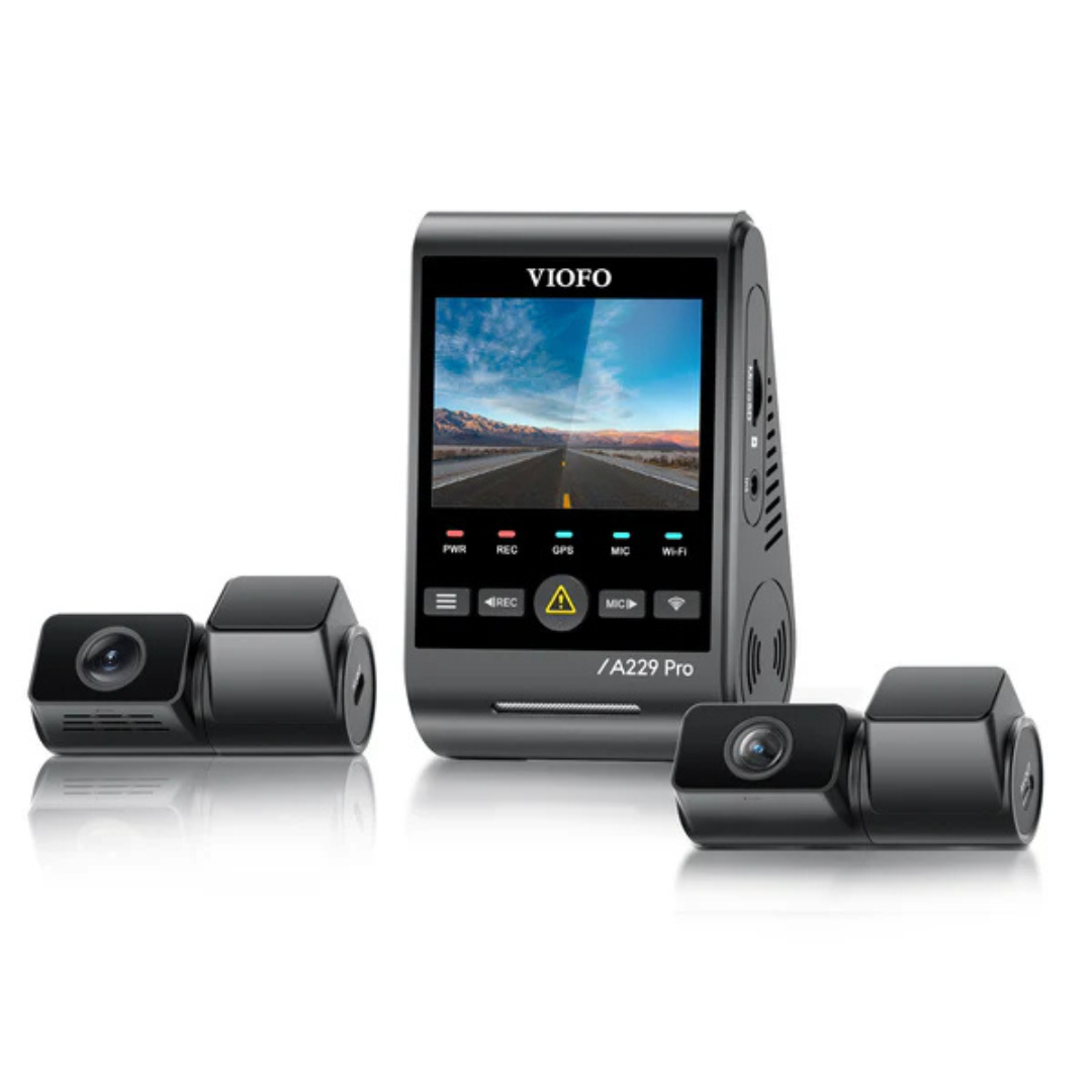 VIOFO A229 Pro dashboard camera system with three cameras on a white background