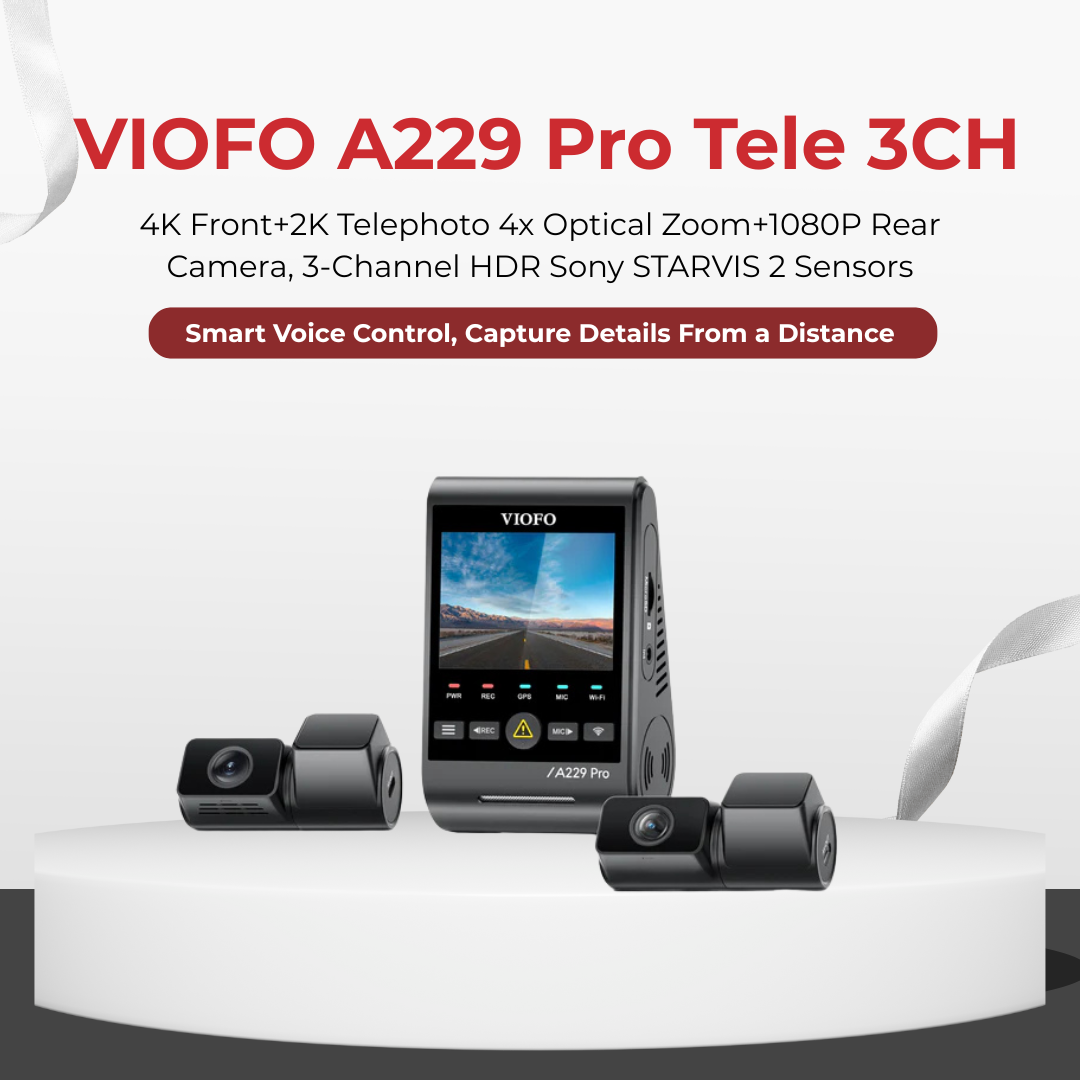VIOFO A229 Pro Tele 3CH camera system with three cameras on a white background