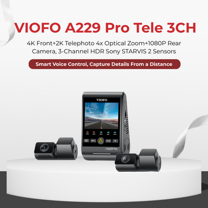 VIOFO A229 Pro Tele 3CH camera system with three cameras on a white background