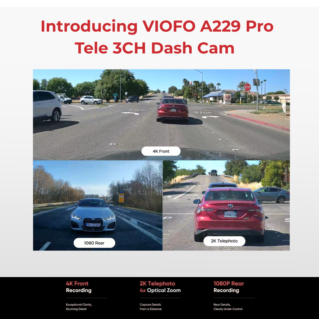 Advertisement for VIOFO A229 Pro Tele 3CH Dash Cam showing car footage on a road.