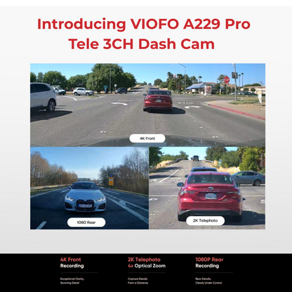 Advertisement for VIOFO A229 Pro Tele 3CH Dash Cam showing car footage on a road.