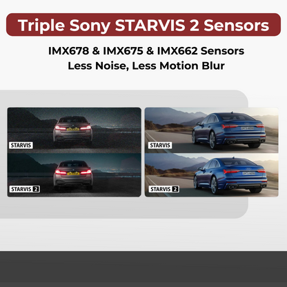 Advertisement for Triple Sony STARVIS 2 Sensors with car footage on a white background