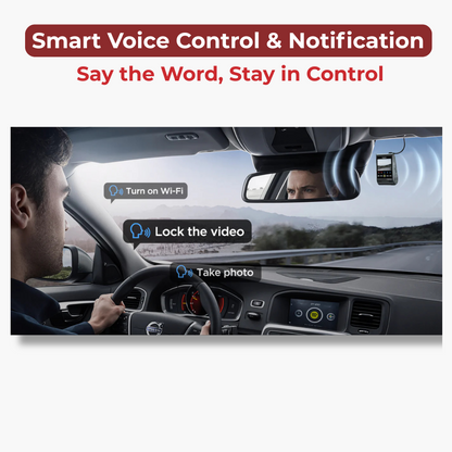 Car interior with smart voice control system displayed on the dashboard.