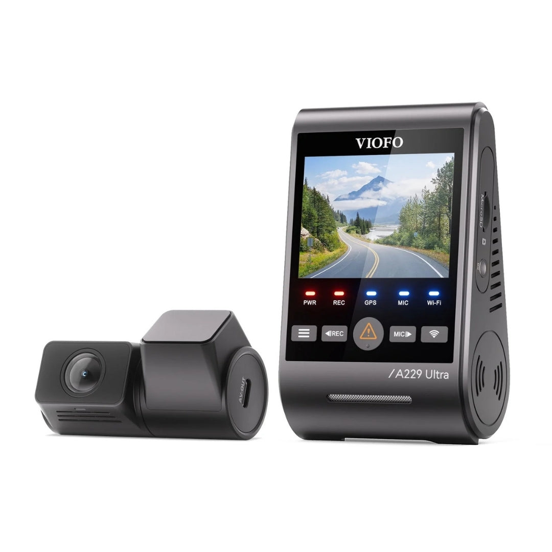 VIOFO car dashboard camera with screen displaying a road and mountain scene on a white background