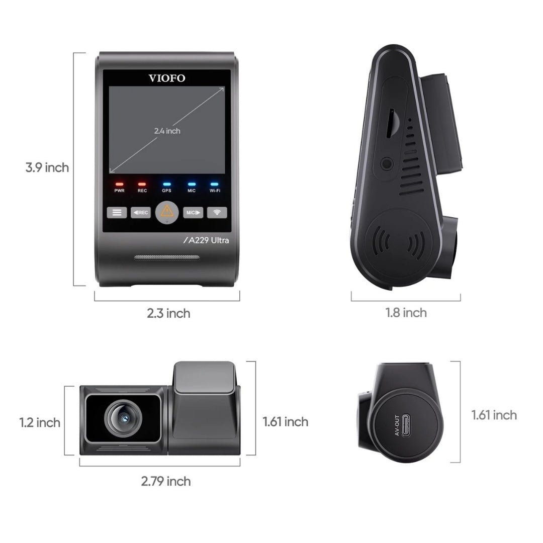 Black VIOFO A29 Ultra dashcam shown in four angles with dimension labels on a white background.