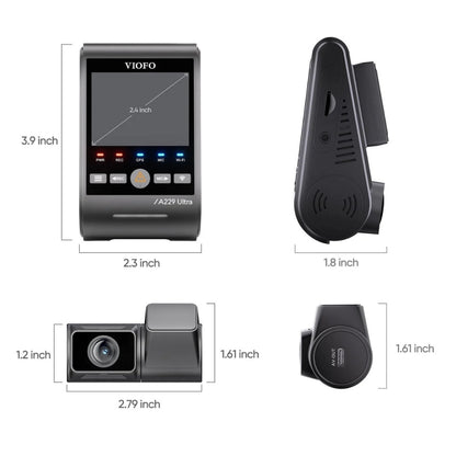 Black VIOFO A29 Ultra dashcam shown in four angles with dimension labels on a white background.