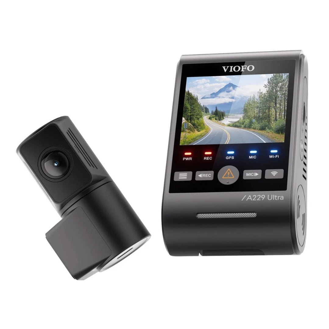 Car dashboard camera with screen displaying a road scene, on a white background
