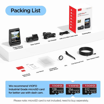 Packing list of a dash cam system with components and accessories on a white background.