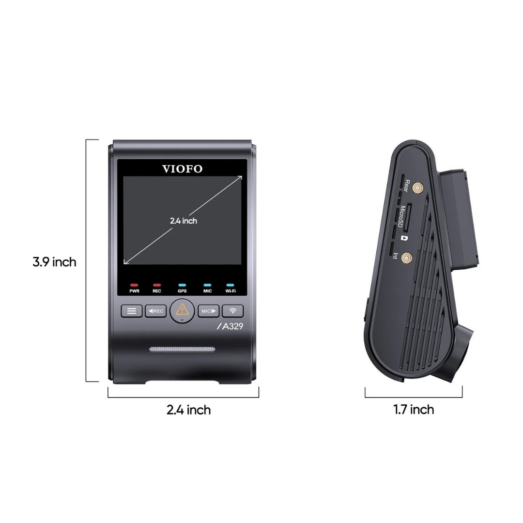 VIOFO A329S front camera dimensions: 2.4 by 3.9 by 1.7 inches