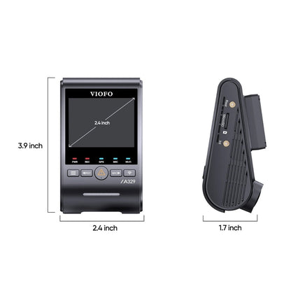 VIOFO A329S front camera dimensions: 2.4 by 3.9 by 1.7 inches