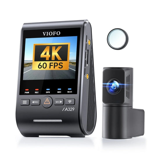 VIOFO A329S 2CH front camera showing 4K 60FPS, with rear camera and CPL filter