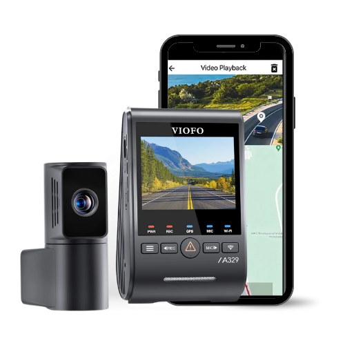VIOFO A329T front camera and telephoto camera beside a phone showing video playback
