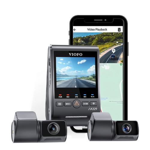 VIOFO A329T 3CH front camera with telephoto and rear cameras beside a phone