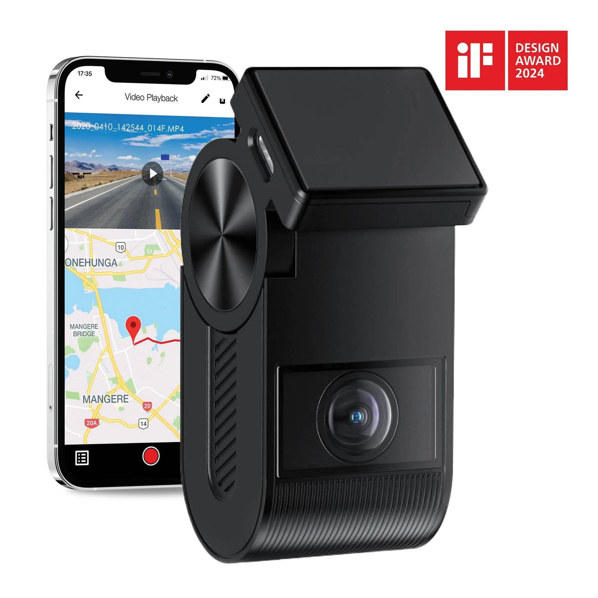 Black dash cam with a tilted top cover, shown next to a smartphone displaying a video playback map screen, with an iF Design Award 2024 badge in the top right corner.