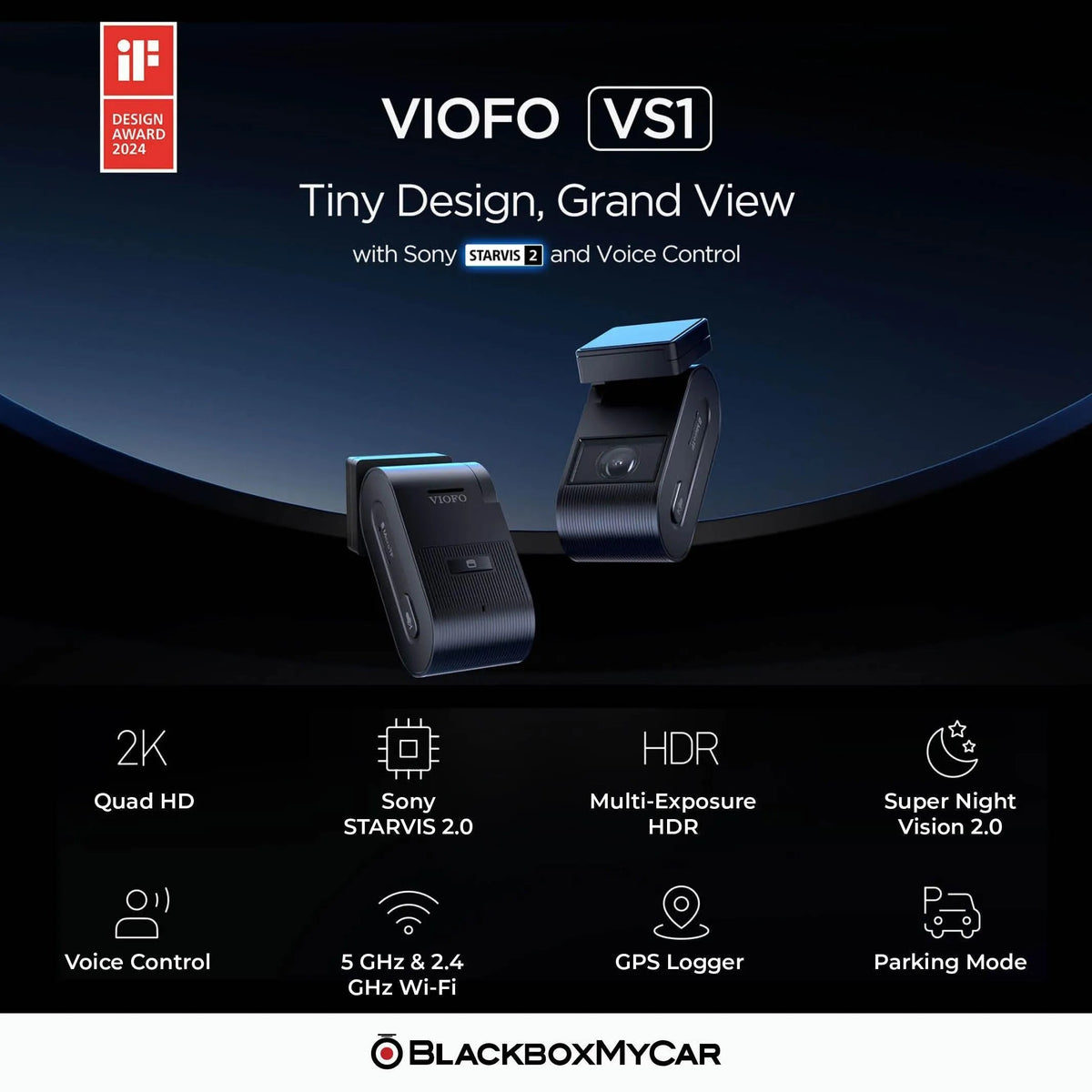 VIOFO VS1 car camera with features listed on a dark background