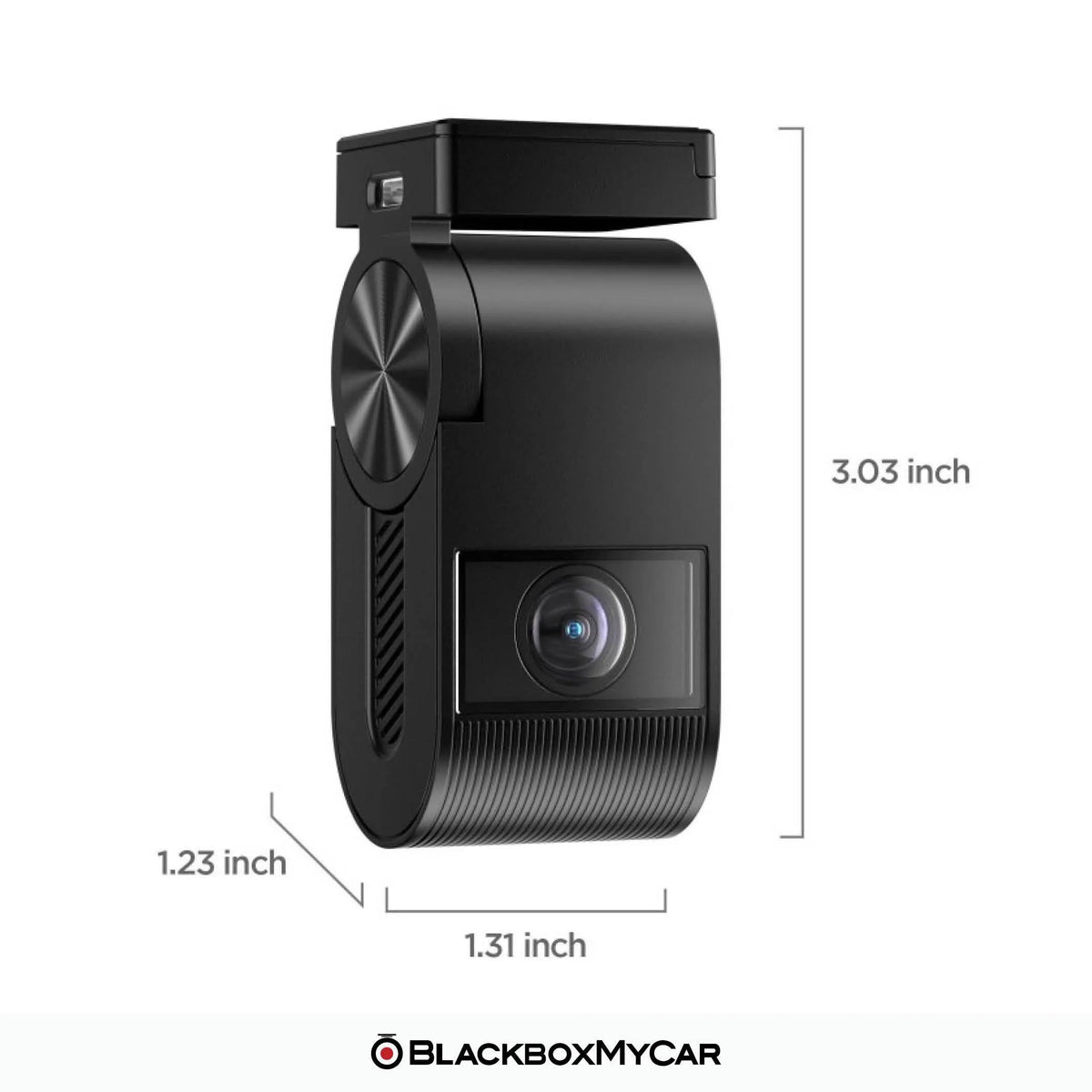 Black car dashboard camera with dimensions labeled on a white background, featuring the brand 'BlackboxMyCar'.