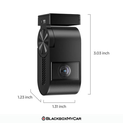 Black car dashboard camera with dimensions labeled on a white background, featuring the brand 'BlackboxMyCar'.