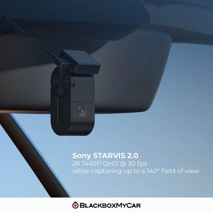 Sony STARVIS 2.0 camera mounted on a car's sun visor with technical specifications.