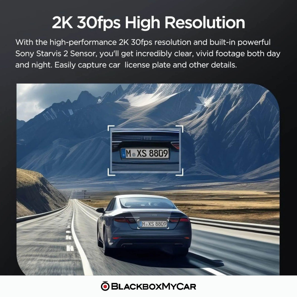 Car driving on a mountain road with a focus on license plate capture, featuring 2K 30fps high resolution technology.