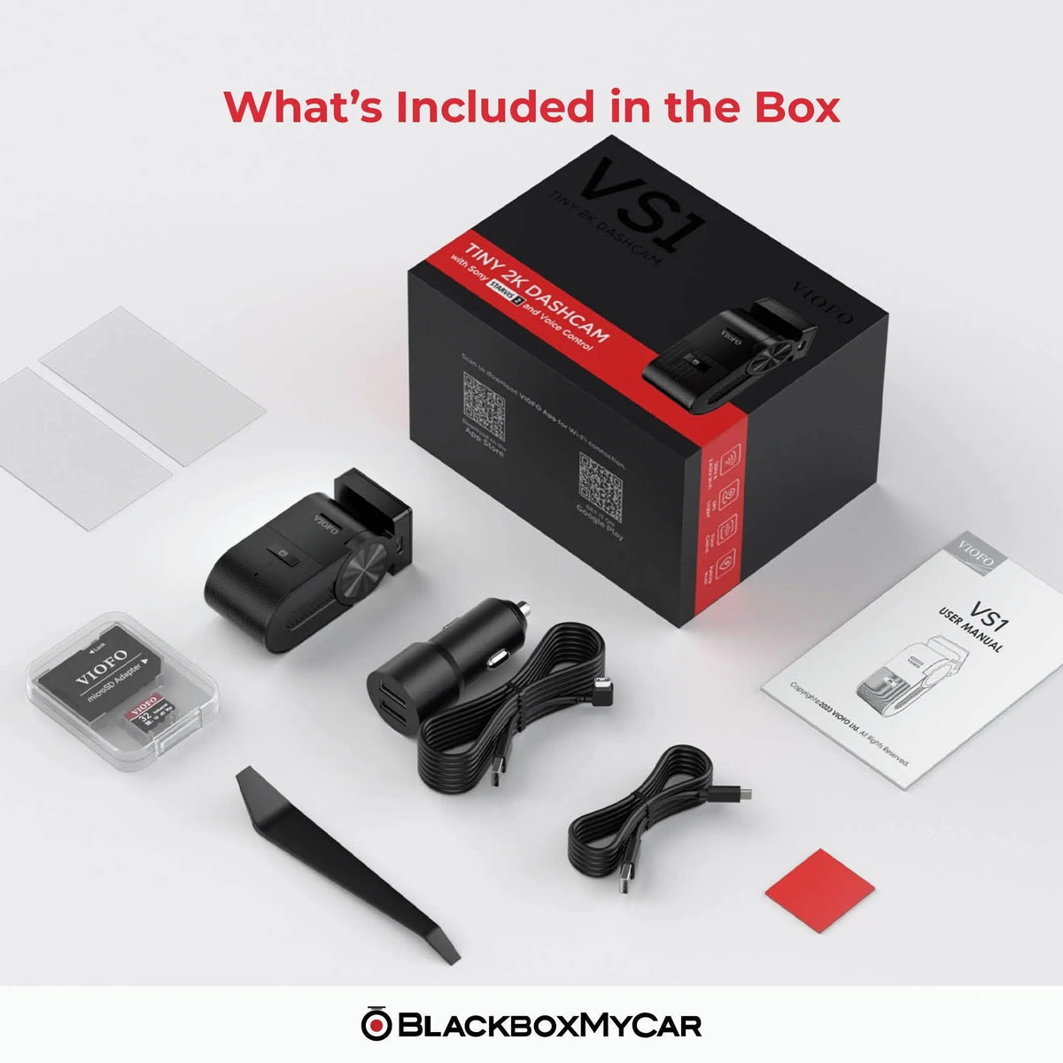 BlackboxMyCar VS1 dashcam packaging with included accessories on a white background