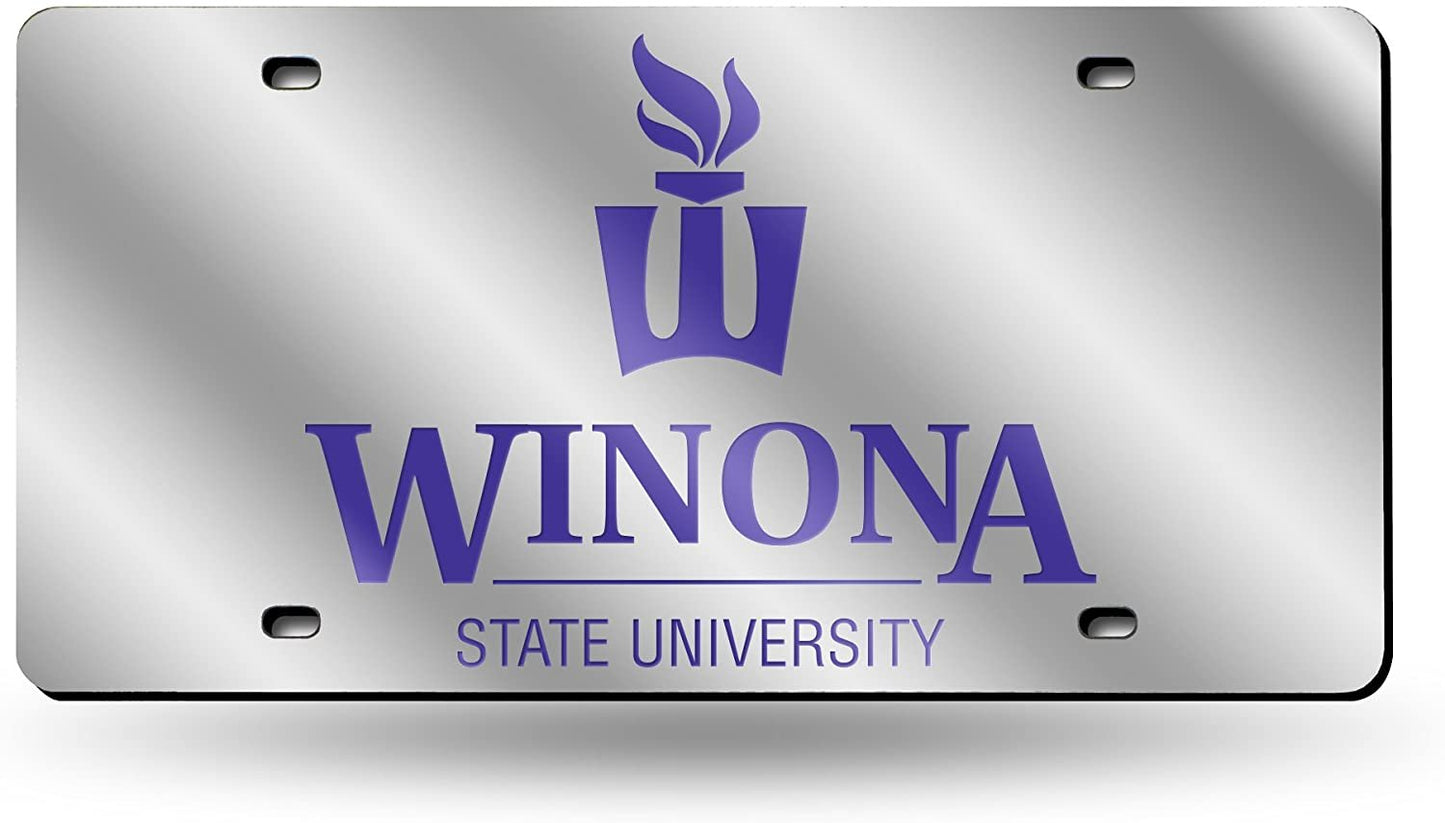 Winona State university Warriors Premium Laser Cut Tag License Plate, Mirrored Acrylic Inlaid, 12x6 Inch