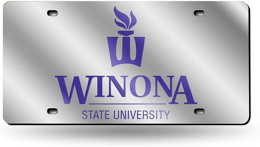 Winona State university Warriors Premium Laser Cut Tag License Plate, Mirrored Acrylic Inlaid, 12x6 Inch